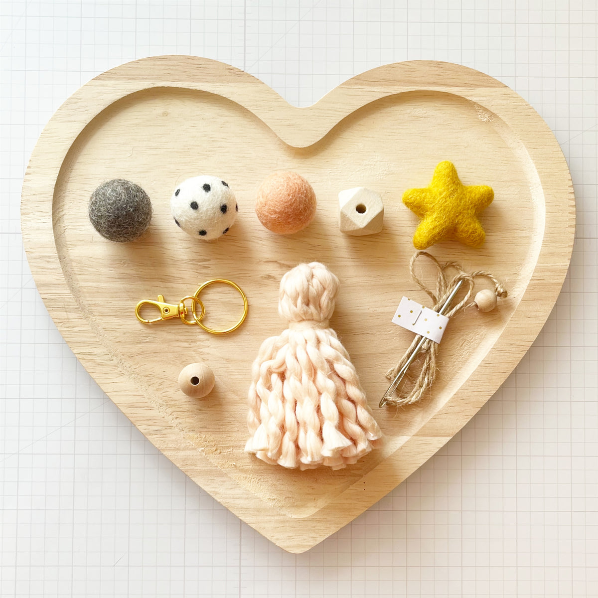 Felt Ball and Wood Bead Keychain Craft Kit With White Wool Felted