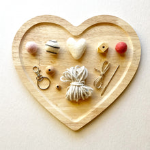 Load image into Gallery viewer, Felt Ball and Wood Bead Keychain Craft Kit With White Wool Felted Heart | DIY Essential Oil Diffuser
