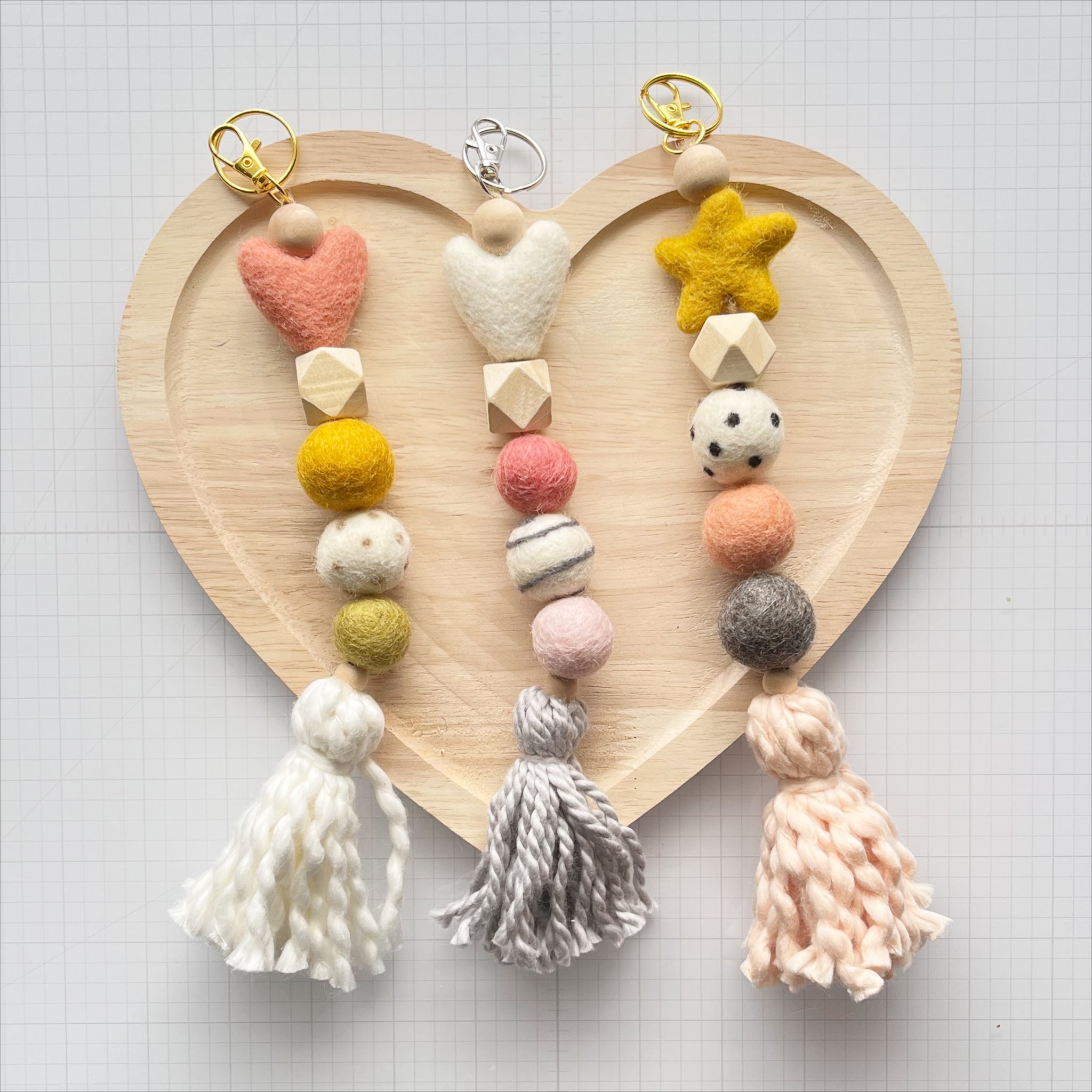 Felt Ball and Wood Bead Keychain Craft Kit With Wool Felted Gold